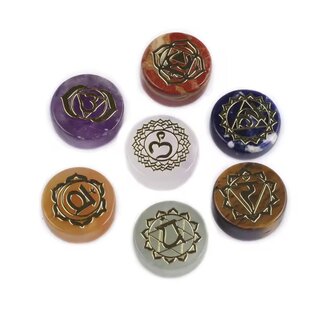 Seven 7 Stone Chakra Set - Small .5 - Flat Round Chakra Symbols - Reiki Energy Healing Yoga