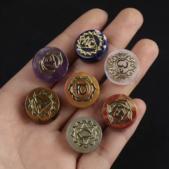 Seven 7 Stone Chakra Set - Small .5 - Flat Round Chakra Symbols - Reiki Energy Healing Yoga