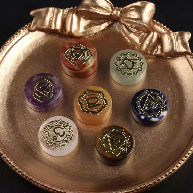 Seven 7 Stone Chakra Set - Small .5 - Flat Round Chakra Symbols - Reiki Energy Healing Yoga