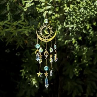 Suncatcher Sun Catcher with Gold Crescent Moon & Sun - Faceted Shapes - Window Mirror Prism Crystal