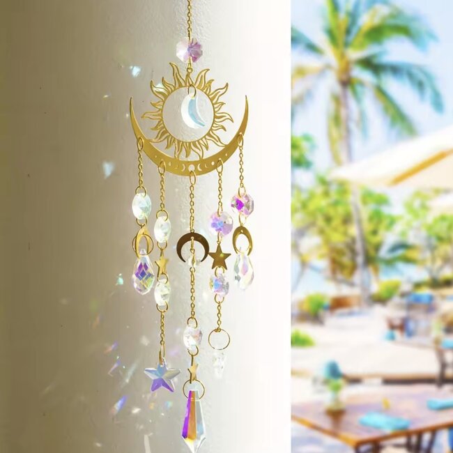 Suncatcher Sun Catcher with Gold Crescent Moon & Sun - Faceted Shapes - Window Mirror Prism Crystal