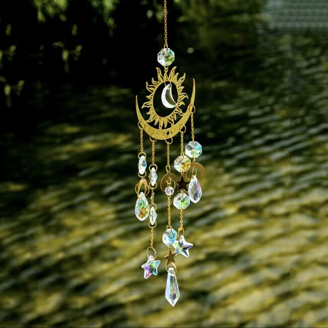 Suncatcher Sun Catcher with Gold Crescent Moon & Sun - Faceted Shapes - Window Mirror Prism Crystal