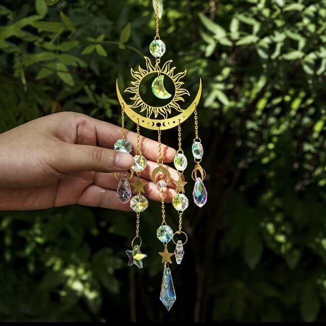 Suncatcher Sun Catcher with Gold Crescent Moon & Sun - Faceted Shapes - Window Mirror Prism Crystal