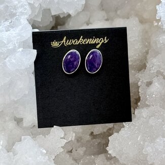 Charoite Earrings - Oval Studs - Bezel Set Sterling Silver
