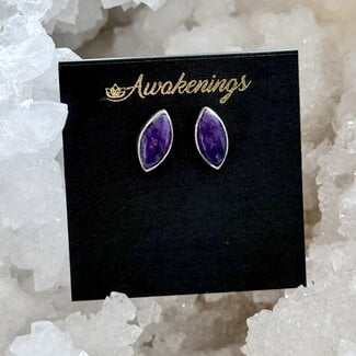 Charoite Earrings - Marquise Studs - Bezel Set Sterling Silver