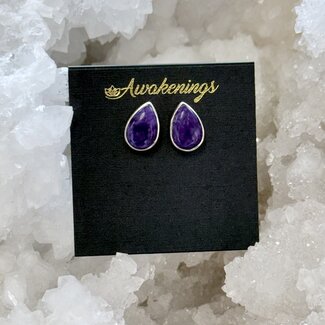 Charoite Earrings - Teardrop Pear Studs - Bezel Set Sterling Silver