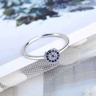 Evil Eye Rings - Adjustable Round Blue Faceted Silver Plated