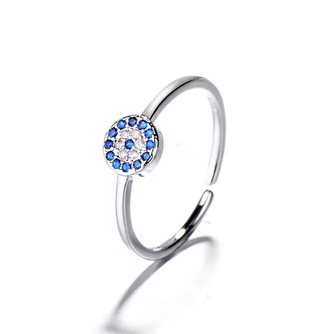Evil Eye Rings - Adjustable Round Blue Faceted Silver Plated