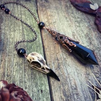 Black Obsidian Pendulums - Raven Crow Skull Faceted Point Antique Bronze Boho Vintage