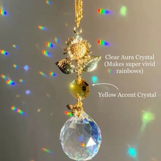 Crystal Prism Suncatcher Sun Catcher - Gold Sunflower Bee Faceted Round - Yellow Accent CrystalMirror Window 12"