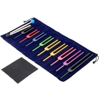 Tuning Forks Set Kit of 9 - Multicolored Metal Chakra Attuned Sound Therapy Black Bag Stricker Hammer