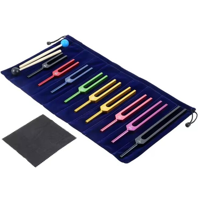 Tuning Forks Set Kit of 9 - Multicolored Metal Chakra Attuned Sound Therapy Black Bag Stricker Hammer