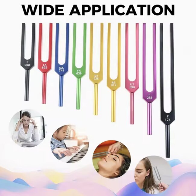 Tuning Forks Set Kit of 9 - Multicolored Metal Chakra Attuned Sound Therapy Black Bag Stricker Hammer