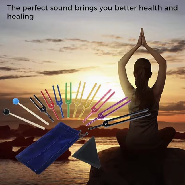 Tuning Forks Set Kit of 9 - Multicolored Metal Chakra Attuned Sound Therapy Black Bag Stricker Hammer
