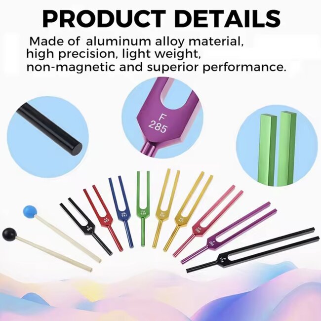Tuning Forks Set Kit of 9 - Multicolored Metal Chakra Attuned Sound Therapy Black Bag Stricker Hammer