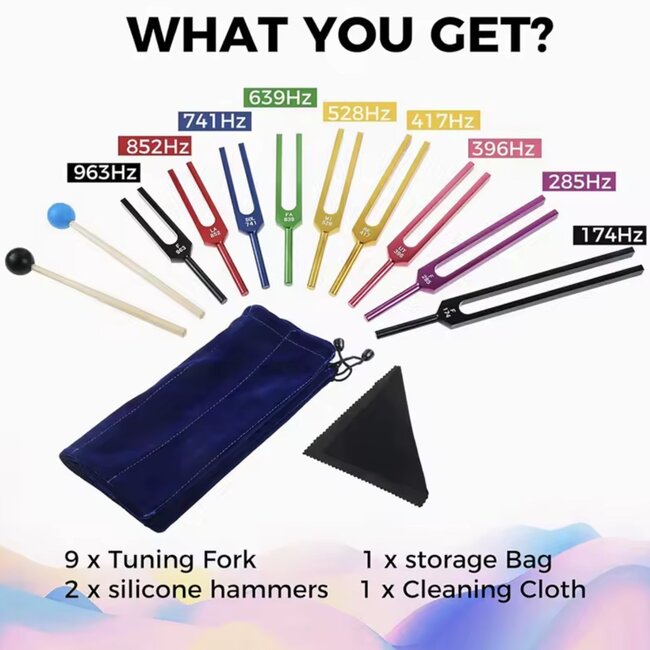 Tuning Forks Set Kit of 9 - Multicolored Metal Chakra Attuned Sound Therapy Black Bag Stricker Hammer
