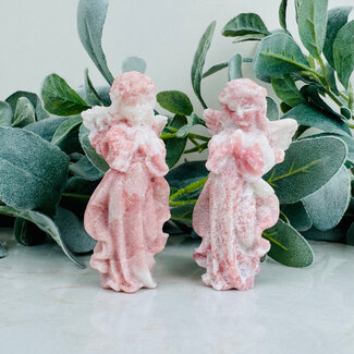 Pink Opal Praying Angels - 4" Figurine Carving Flowing Gown