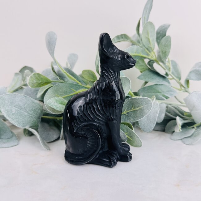 Black Obsidian Egyptian Shorthair Cat Kitten Kitty - 6" Large Animal Carving Figurine Statue