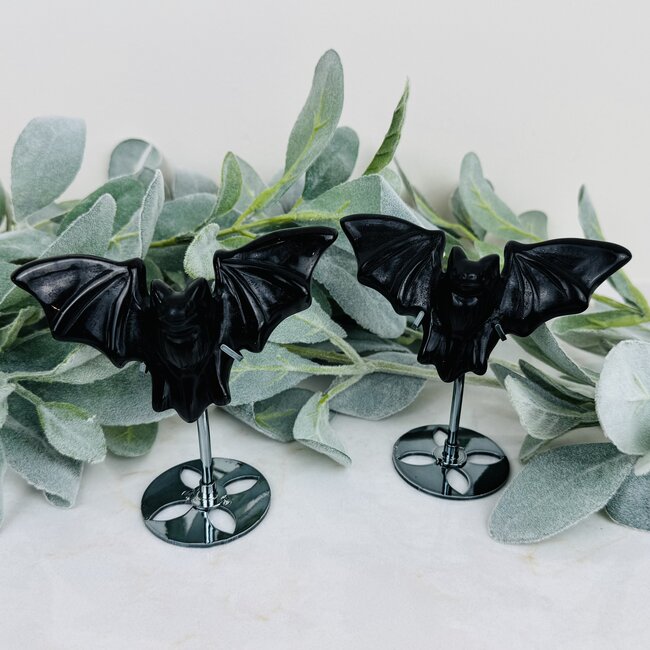 Black Obsidian Bats on Black Stand Pin - 4"x4" Carving Figurine