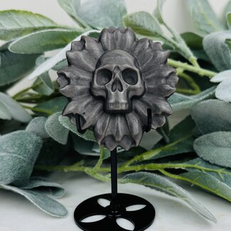 Silversheen Silver Sheen Flower Floral Skull on Black Stand Pin - 4.5" Medium Animal Carving