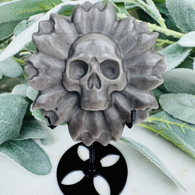 Silversheen Silver Sheen Flower Floral Skull on Black Stand Pin - 4.5" Medium Animal Carving