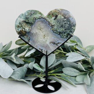 Moss Agate Druzy Hearts on Black Stand Pin - 8" Display Statement