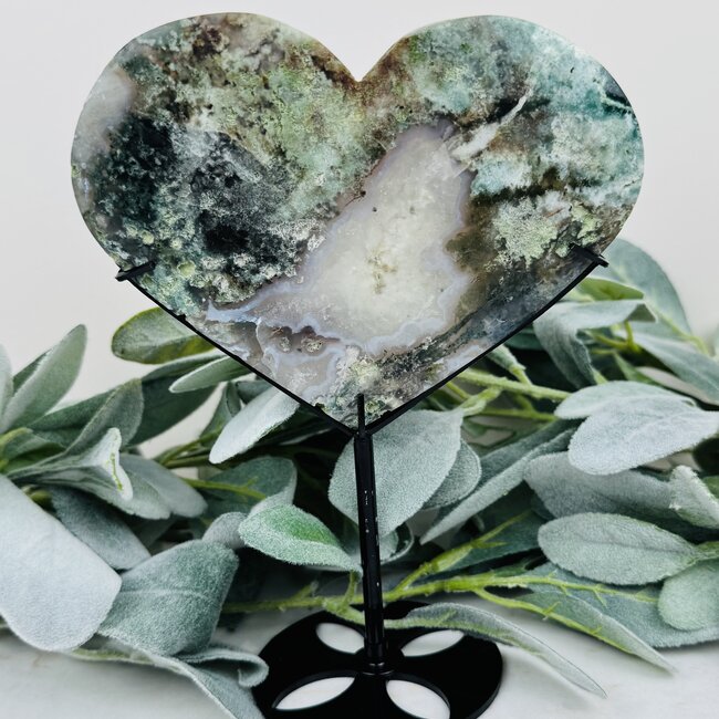 Moss Agate Druzy Hearts on Black Stand Pin - 8" Display Statement