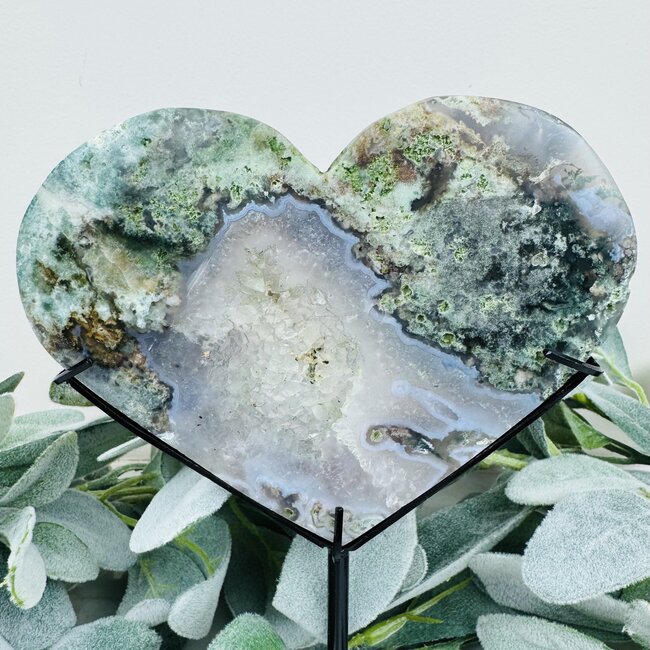 Moss Agate Druzy Hearts on Black Stand Pin - 8" Display Statement