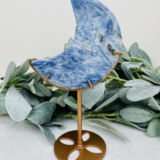 Blue Kyanite Crescent Moon on Gold Stand Pin - 7-8" Statement Display