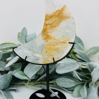 Golden Healer (Yellow Hematoid) Quartz & Dendritic Dendrite Agate Crescent Moon on Black Stand Pin - 7-8" Statement Display