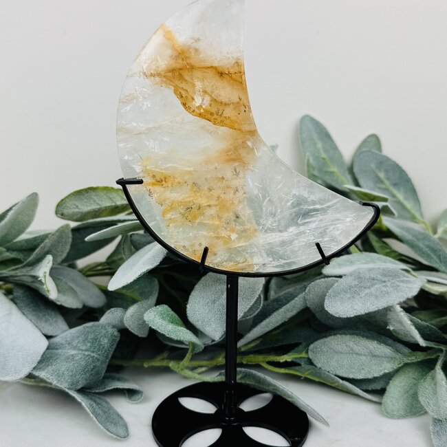 Golden Healer (Yellow Hematoid) Quartz & Dendritic Dendrite Agate Crescent Moon on Black Stand Pin - 7-8" Statement Display