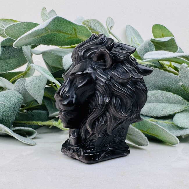 Silversheen Silver Sheen Obisidian Lion - 3" Large Animal Carving Figurine