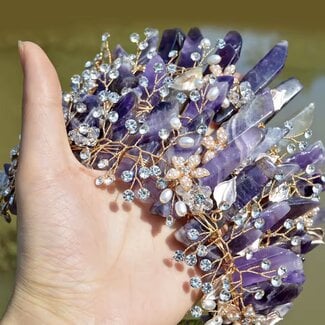 Amethyst Crown Tiara -  Flowers & Pearls (Gold Plated) Crystal Headband Hair Accessories