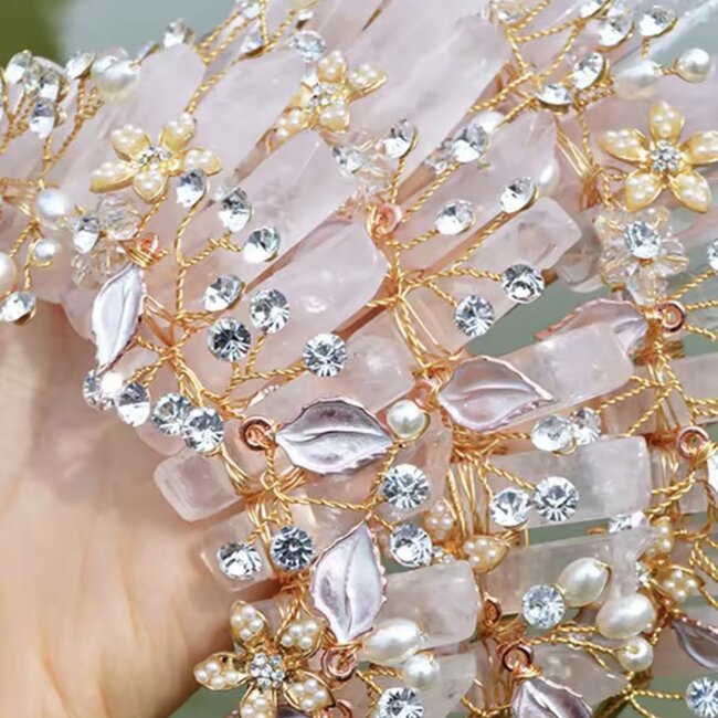 Rose Quartz Crown Tiara -  Flowers & Pearls (Gold Plated) Crystal Headband Hair Accessories