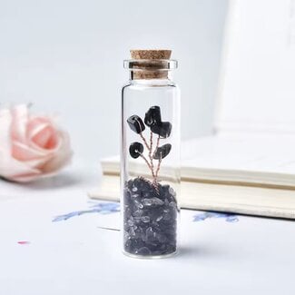 Black Obsidian Glass Intention Spell Crystal Chip Bottle - 3" Wire Wrapped Tree Cork