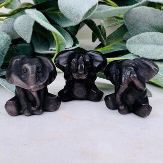 Silversheen Silver Sheen Obsidian Elephants - (Set of 3) Small 1.5" (Hear See Speak No Evil) Animal Figurine Carving