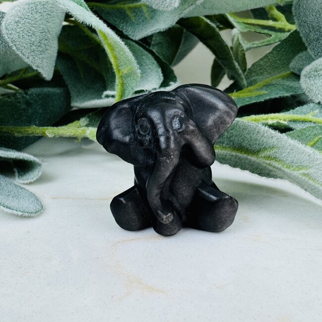Silversheen Silver Sheen Obsidian Elephants - (Set of 3) Small 1.5" (Hear See Speak No Evil) Animal Figurine Carving