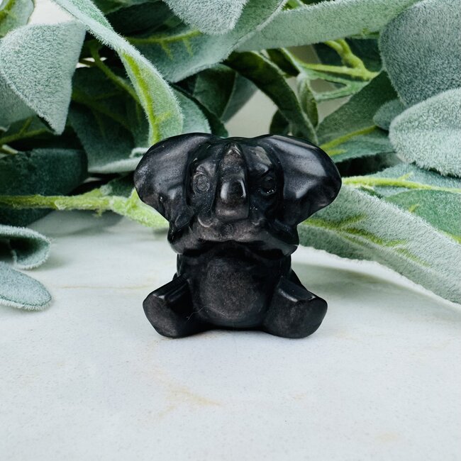 Silversheen Silver Sheen Obsidian Elephants - (Set of 3) Small 1.5" (Hear See Speak No Evil) Animal Figurine Carving