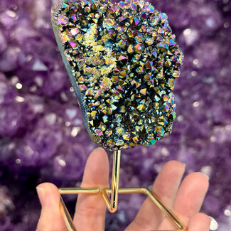 Black Rainbow Aura Quartz (Titanium) on Gold Pin Stand - 4.5" Home Decor Rough Raw Natural