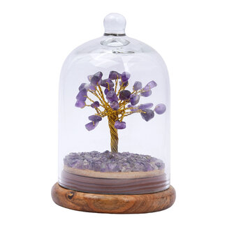Amethyst Bonsai Wishing Tree with Crystal Dome on Wood Base - 4-5" (Entire Piece) - Chips Gold Wire
