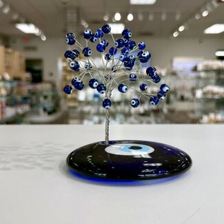 Blue Evil Eye Gemstone Bonsai Trees on Evil Eye Round Plate - 6" x 4" 100 Eyes