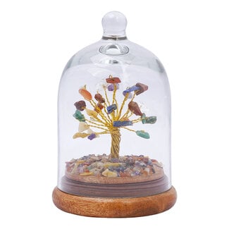 7 Seven Chakras Bonsai Wishing Tree with Crystal Dome on Wood Base - 4-5" (Entire Piece) - Chips Gold Wire