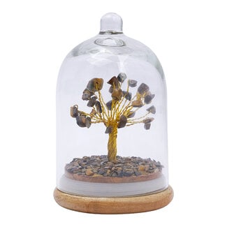 Gold Tigers Eye Bonsai Wishing Tree with Crystal Dome on Wood Base - 4-5" (Entire Piece) - Chips Gold Wire