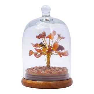 Carnelian Bonsai Wishing Tree with Crystal Dome on Wood Base - 4-5" (Entire Piece) - Chips Gold Wire