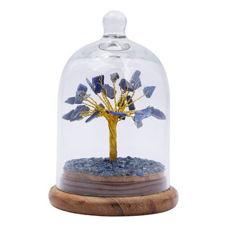 Lapis Lazuli Bonsai Wishing Tree with Crystal Dome on Wood Base - 4-5" (Entire Piece) - Chips Gold Wire