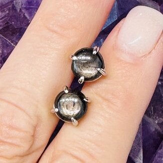 Black Hypersthene Earrings - Round Circle Studs Claw Prong Set Sterling Silver .925