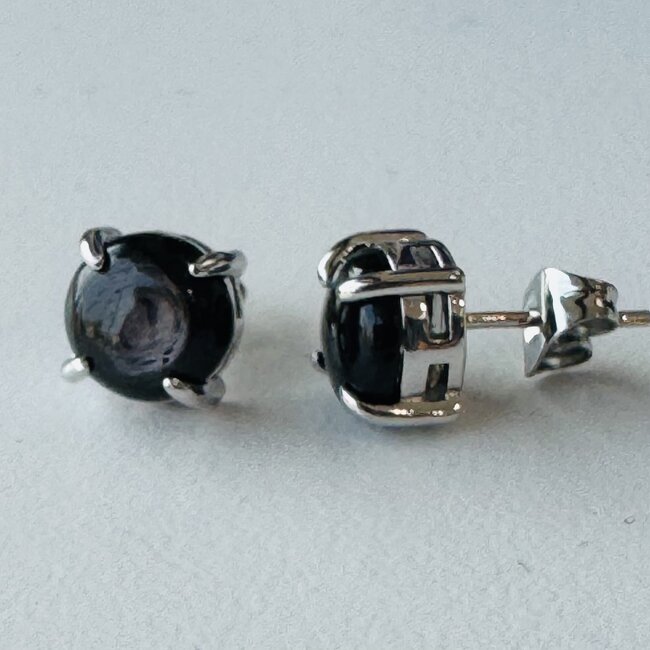 Black Hypersthene Earrings - Round Circle Studs Claw Prong Set Sterling Silver .925
