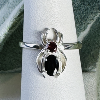 Black Tourmaline & Red Garnet Spider Rings - Size 6 Circle Round Oval - Claw Prong Set Sterling Silver
