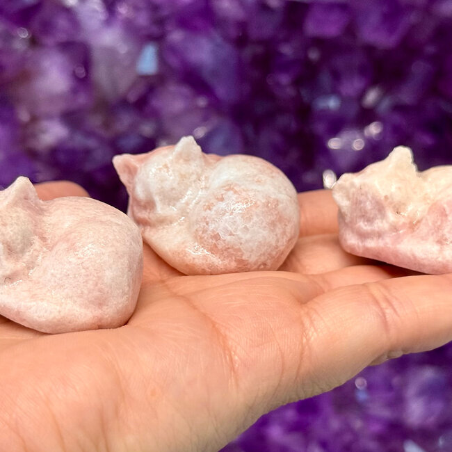 Pink Opal Sleeping Kitten Kitty Cats - Small 1.5" Animal Carving Figurine