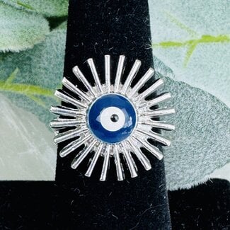 Evil Eye Rings - Adjustable Sunburst Star - Silver Plated Blue Eye